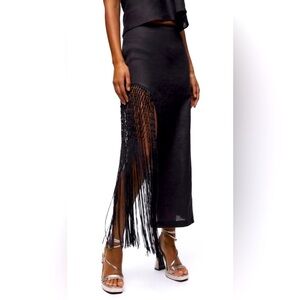 Zara Fringed Linen Midi Skirt Black XS